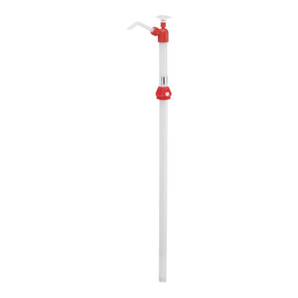 A white and red New Pig nylon piston drum pump with a red handle.