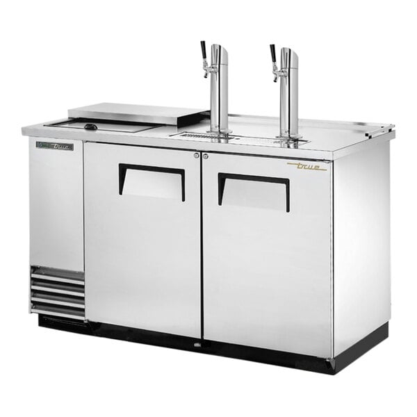 A stainless steel True Club Top Kegerator beer dispenser with two taps.