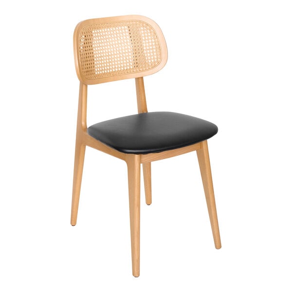 A BFM Seating Emma wood side chair with black vinyl seat.