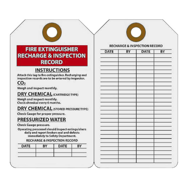 A pair of Accuform fire extinguisher tags with the words "Recharge and Inspection Record" and blank data fields.