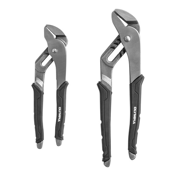 An Olympia Tools 8" and 10" Groove Plier Set with black handles.