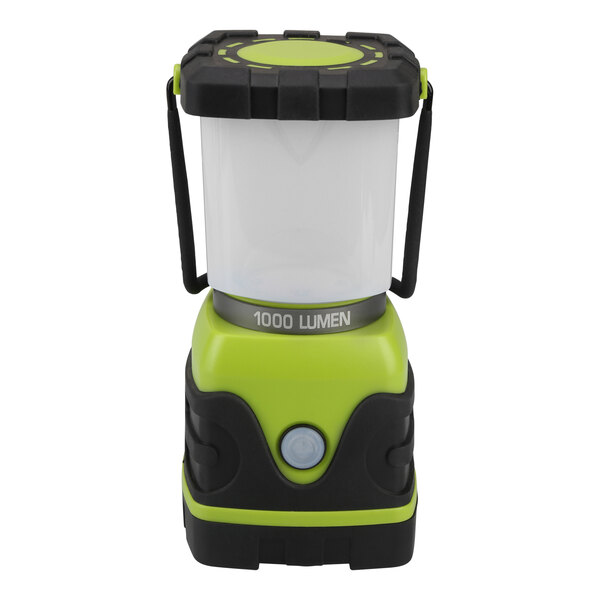 An Olympia Tools green and black cordless camp lantern with a light on it.