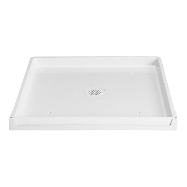 A white rectangular fiberglass tray with a circular center drain.