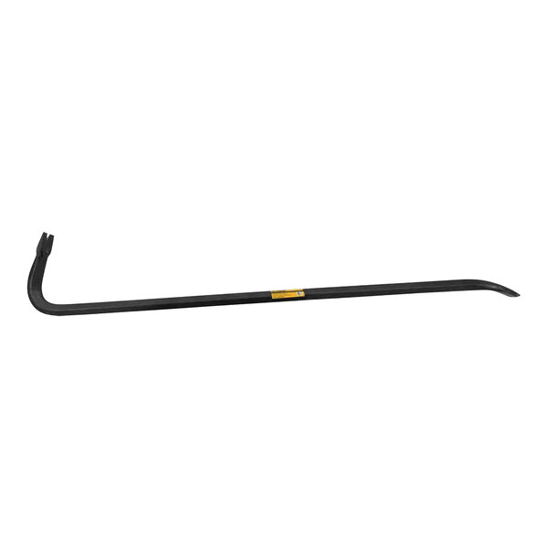 An Olympia Tools black crowbar with yellow label and black grip.