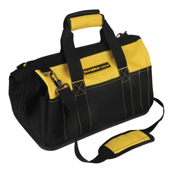 A black and yellow Olympia Tools wide mouth tool bag with a handle.
