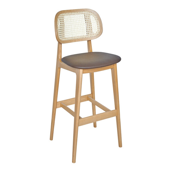 A BFM Seating wooden bar stool with a black vinyl seat.