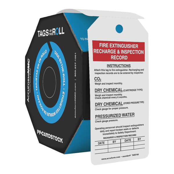 A box of Accuform Cardstock Fire Extinguisher Recharge and Inspection Record tags on a roll with a black and blue label and white text.