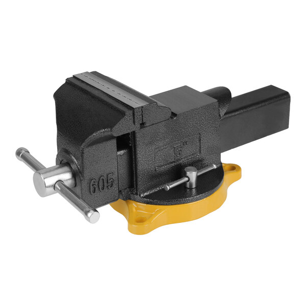 A close-up of a black and yellow Olympia Tools bench vise.