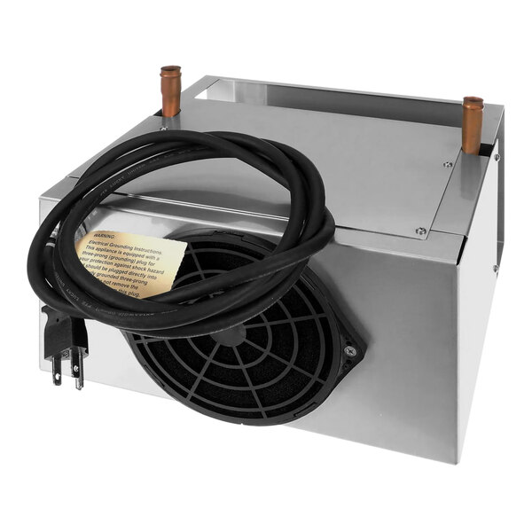 An AccuTemp air cooling unit condenser with a black wire attached to it.
