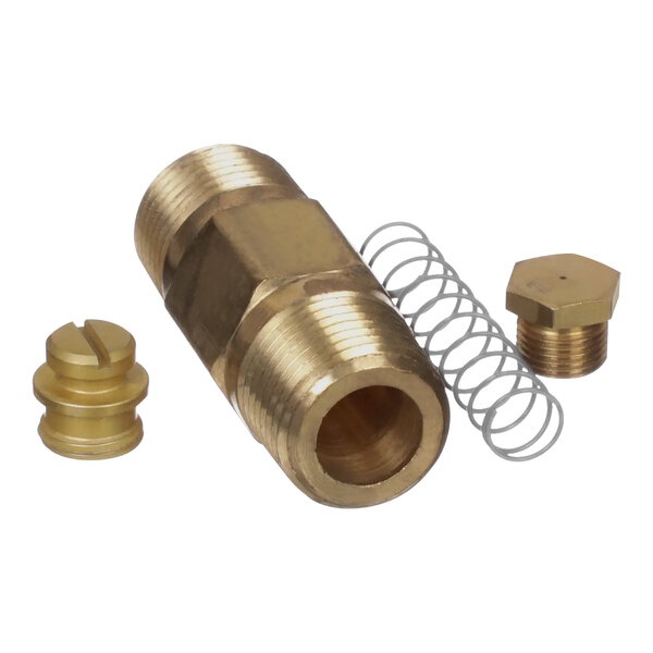 A brass threaded pipe and gold nut with screws.