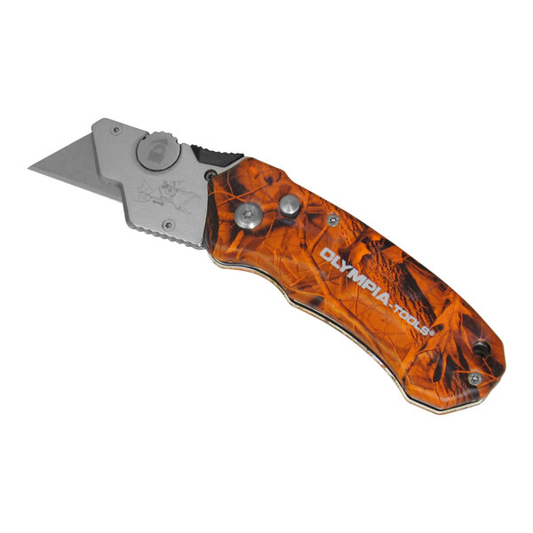 An Olympia Tools Turbofold utility knife with an orange and black handle.
