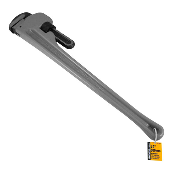 An Olympia Tools grey aluminum pipe wrench with a yellow tag.