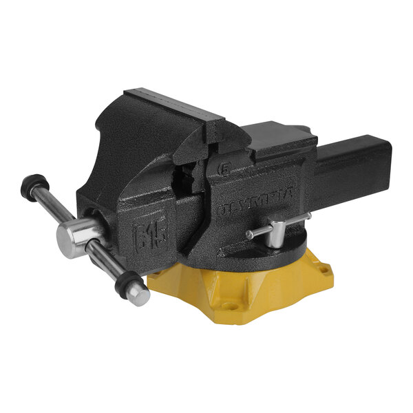 An Olympia Tools black and yellow metal bench vise with swivel base.