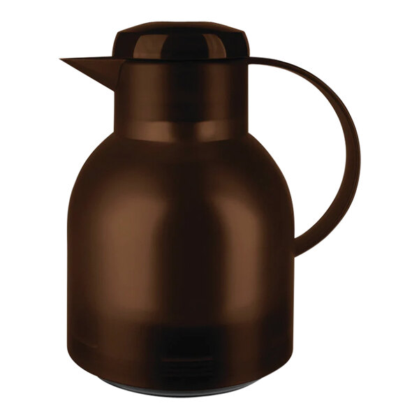 A transparent dark brown plastic coffee carafe with a handle.