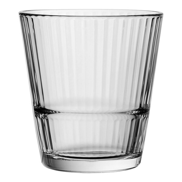 A Pasabahce clear glass rocks glass with a ribbed rim.