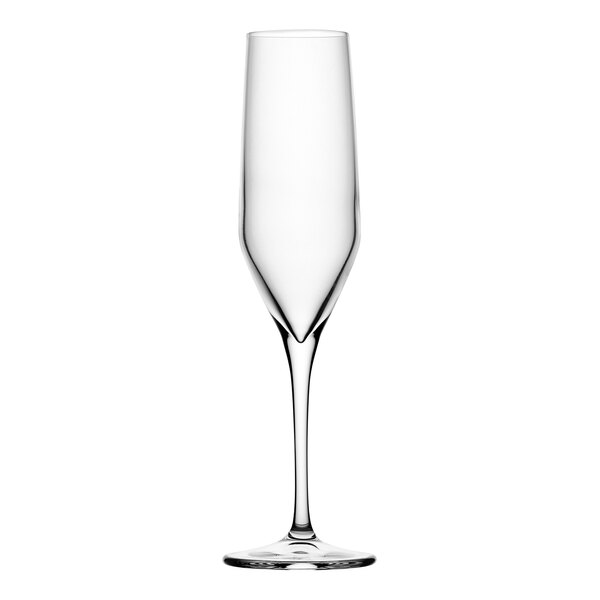 A case of 24 Pasabahce Napa clear glass flute wine glasses with stems.