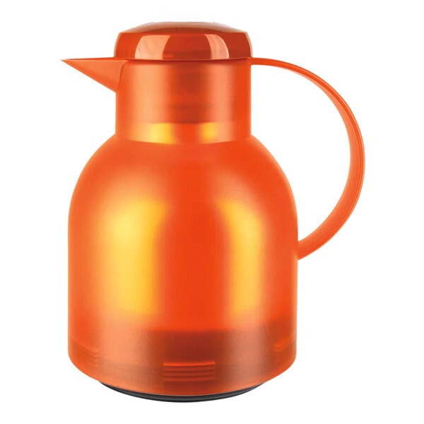 An orange plastic pitcher with a handle.