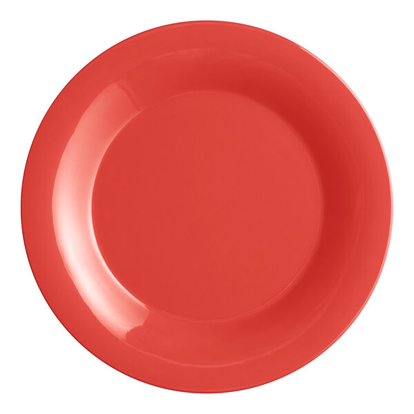 An Acopa Foundations orange wide rim melamine plate.