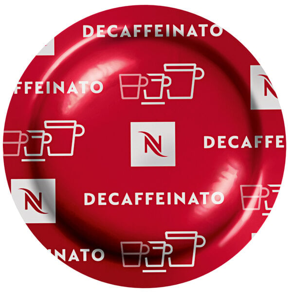 A red box of Nespresso Professional Decaffeinato coffee capsules with white text on a counter.