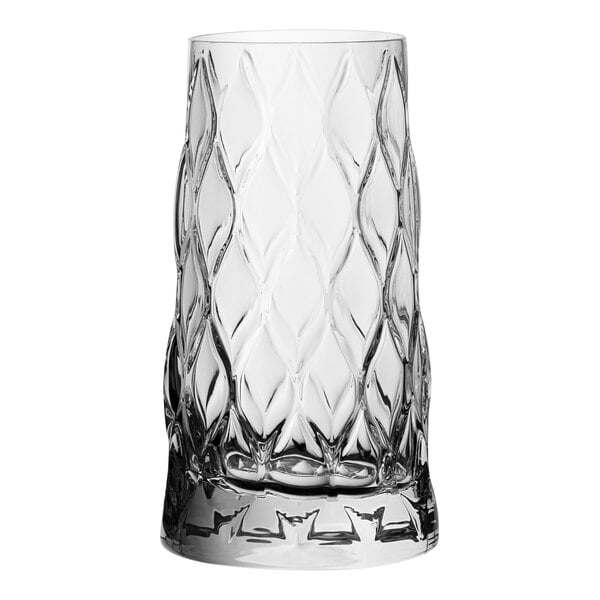 A Pasabahce clear long drink glass with a leaf pattern.