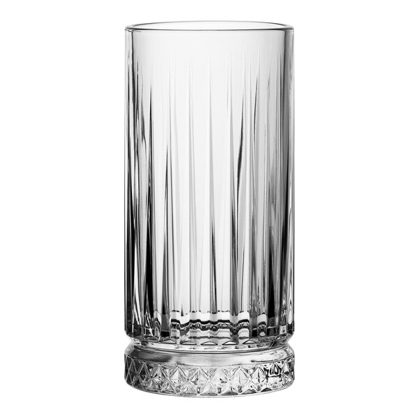 A close-up of a Pasabahce long drink glass with a clear rim and base.