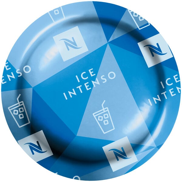 A blue Nespresso Ice Intenso box on a blue and white plate.