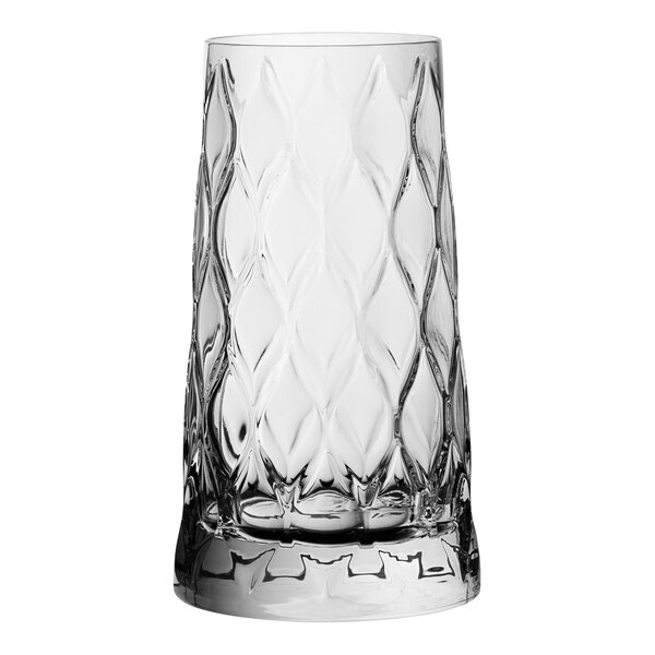 A close-up of a clear Pasabahce long drink glass with a diamond pattern.