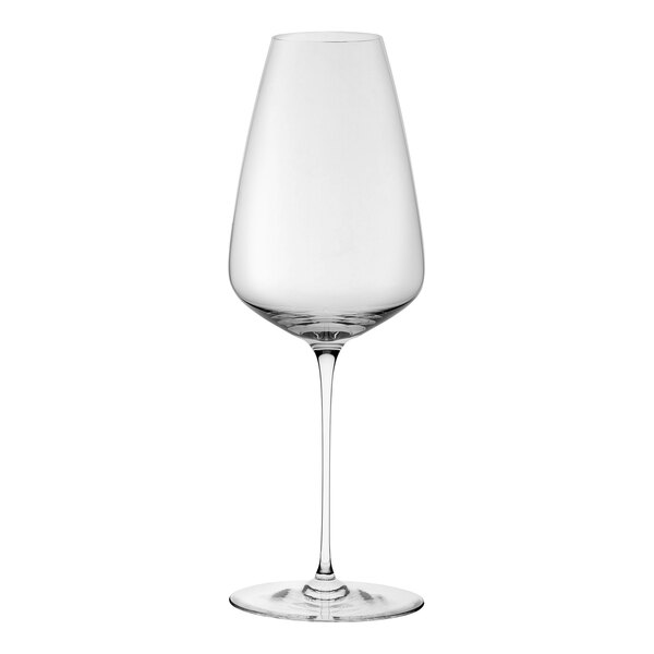 A close-up of a Nude Stem Zero Vertigo flute wine glass with a long stem.