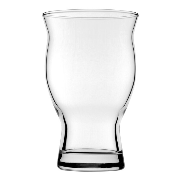 A Pasabahce Revival pilsner glass with a clear bottom on a white background.