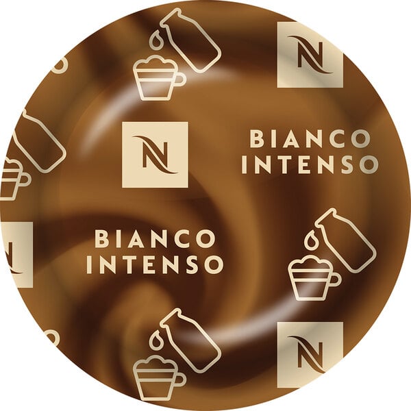 A box of 50 Nespresso Professional Bianco Intenso single serve coffee capsules on a counter.