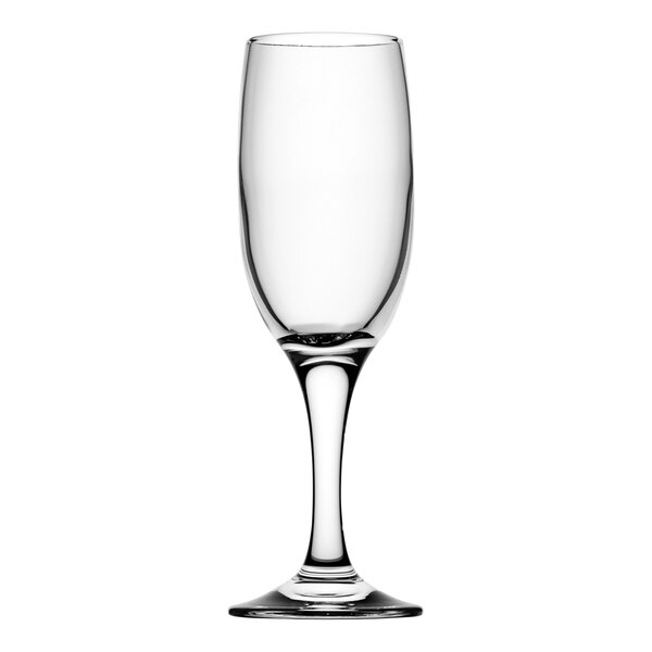 A close up of a clear Pasabahce Capri flute wine glass.