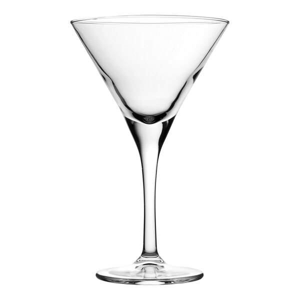 A close-up of a Pasabahce V Line martini glass with a stem.