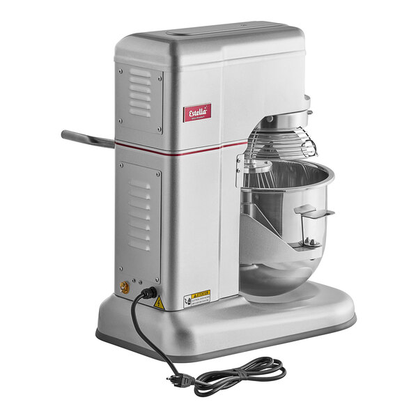 A silver Estella countertop mixer with a bowl attachment.