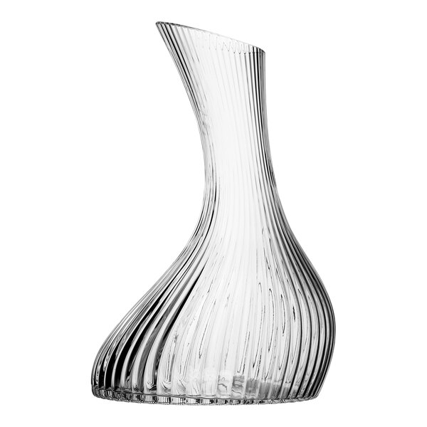 A close-up of a Nude Vini clear glass carafe with a curved neck.