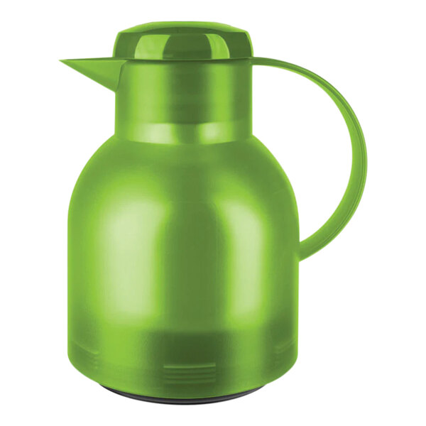 A transparent light green polypropylene pitcher with a handle.
