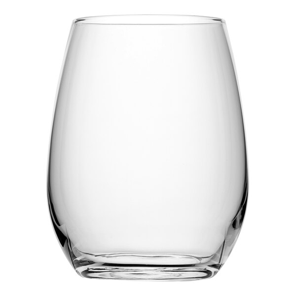A Pasabahce Amber tumbler. A clear glass with a white background.