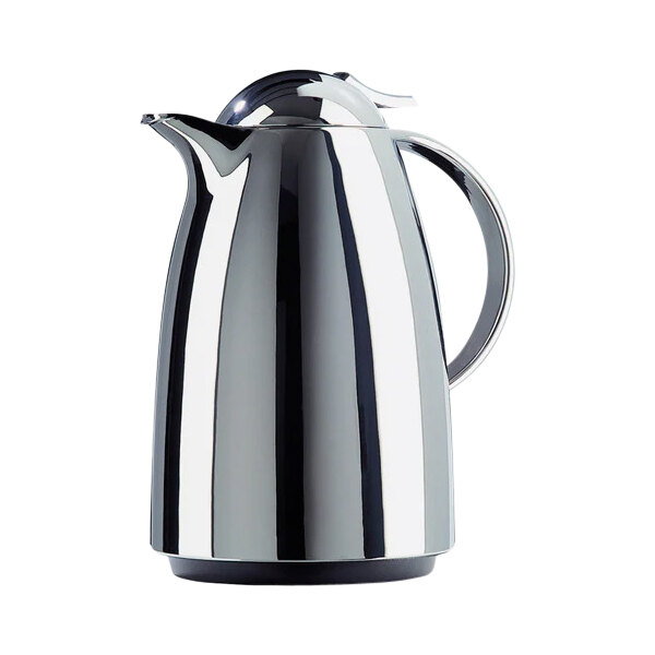 A chrome ABS plastic vacuum insulated coffee carafe with a quick tip closure and a handle.
