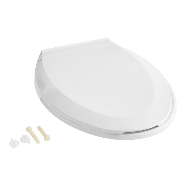 A white Centoco elongated toilet seat with a plastic cover.