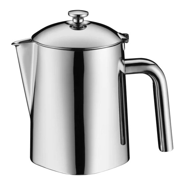 A silver stainless steel teapot with a handle.