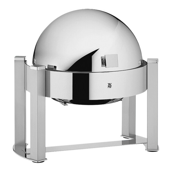 A WMF Manhattan round stainless steel chafer on a stand.