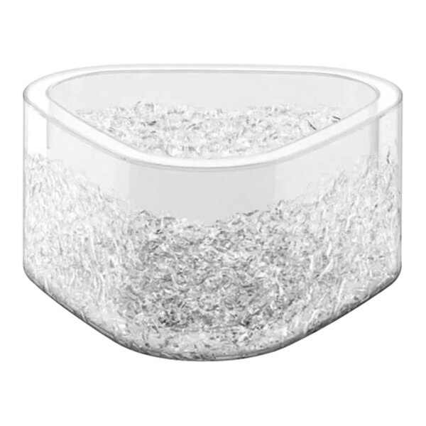 A clear plastic container with a white triangular base and ice inside.