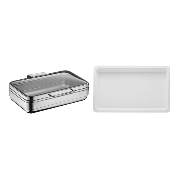 WMF by BauscherHepp Basic 8 Qt. Full Size Rectangular Stainless Steel Induction Chafing Dish and (3) Porcelain Inserts 55.0128.6011