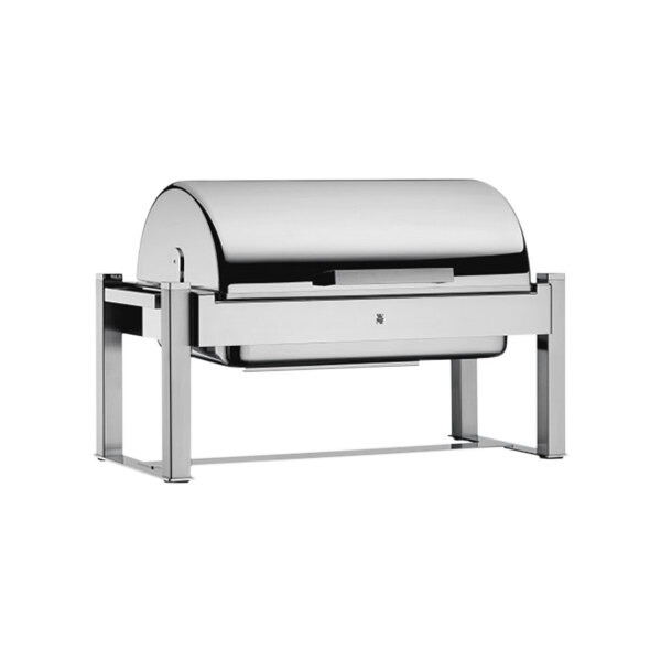 A WMF stainless steel rectangular roll top chafer with porcelain inserts.