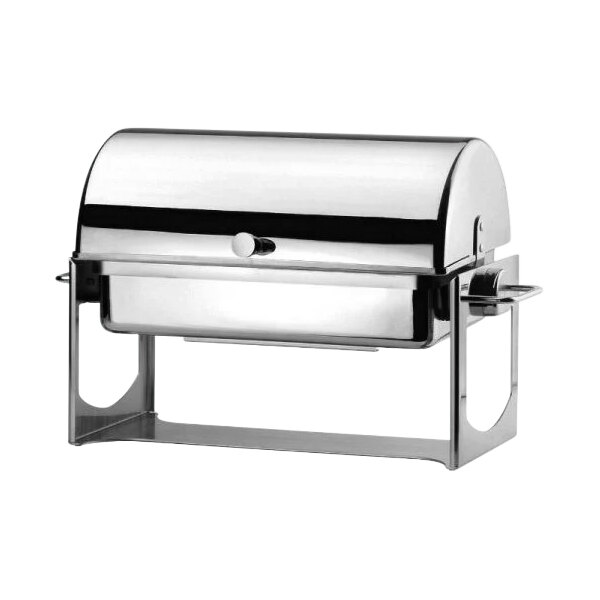 A silver stainless steel roll top chafer by Hepp with a lid.