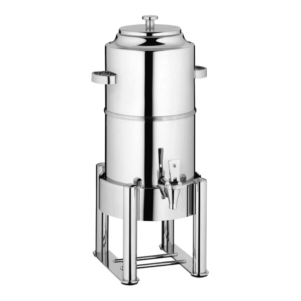 A WMF stainless steel coffee urn with a lid.