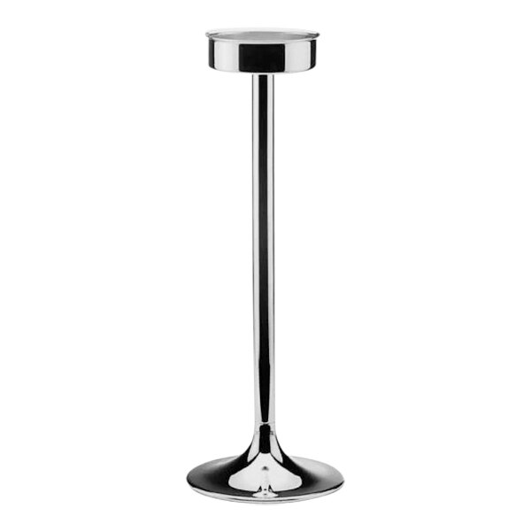 A Hepp stainless steel wine cooler stand with a round metal base and pole.