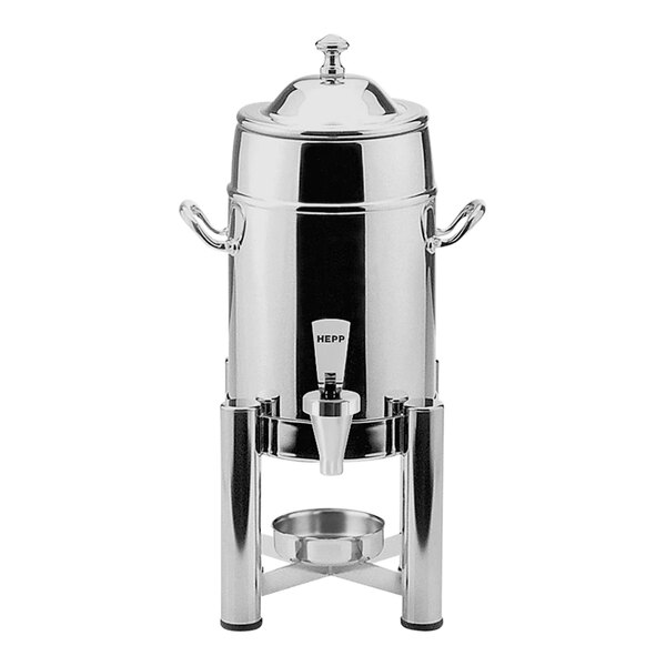 A silver stainless steel Hepp coffee urn with a lid.