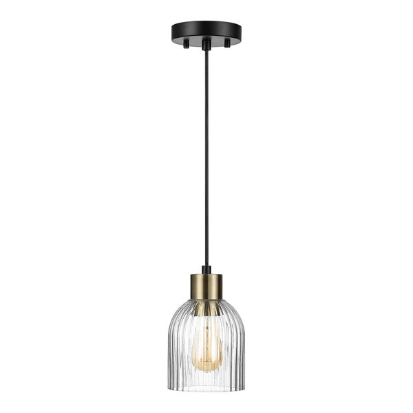 A Globe Glam pendant light with a ribbed clear glass shade and a black and gold pole.
