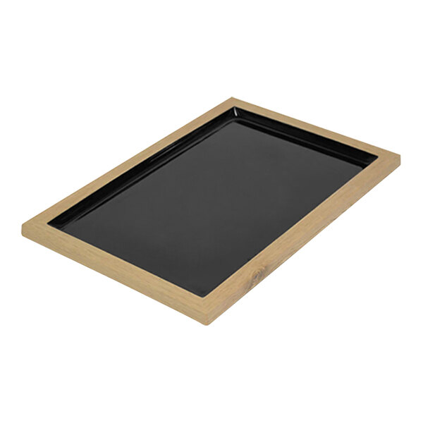 A black rectangular tray with a wooden frame.