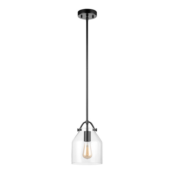 A Globe Matte Black Pendant Light with a clear glass shade over a light bulb on a long metal pole.